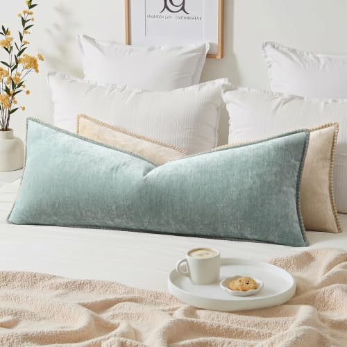 Image of decorUhome Fall Chenille Soft Cozy Throw Pillow Covers 14x36 Set of 1, Modern Farmhouse Boho Velvet Decorative Pillow Cases with Stitched Edge for Couch Sofa Bed Home Decor, Aqua Haze