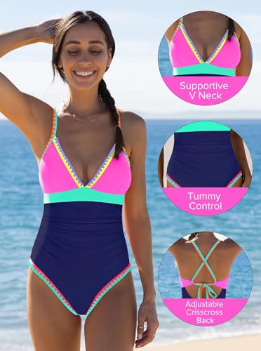Image of popvil Women One Piece Swimsuit Colorblock Ruched Bathing Suit | Adjustable slider straps, Multi neon trim, Long torso, Detachable padding, Quick dry fabric, Beach Vacation