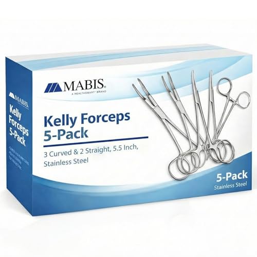 MABIS Precision Kelly Forceps [5‑Pack] Locking Hemostats, 3 Curved &amp; 2 Straight, 5 1/2 Inch Tweezers Clamp Set, Stainless Steel, Fine Tip for First Aid, Sewing, Piercing Removal Tool, Fishing &amp; DIY