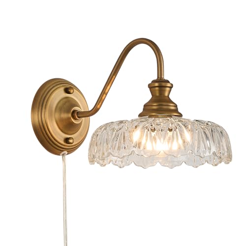 Image of HDDFL Vintage Plug in Wall Scone Bedside Wall Lamp Plug Corded Matte Brass Bedroom Light Fixtures in Door Lighting Fixture for Living Room Hallway Corridor