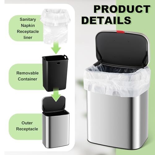 Image of Tioncy Sanitary Napkin Receptacle Wall Mounted Tampon Holder Feminine Hygiene Disposal Container with Removable Inner Bucket Stainless Steel Tampon Disposal Bin Trash Can for Bathroom Restroom Home