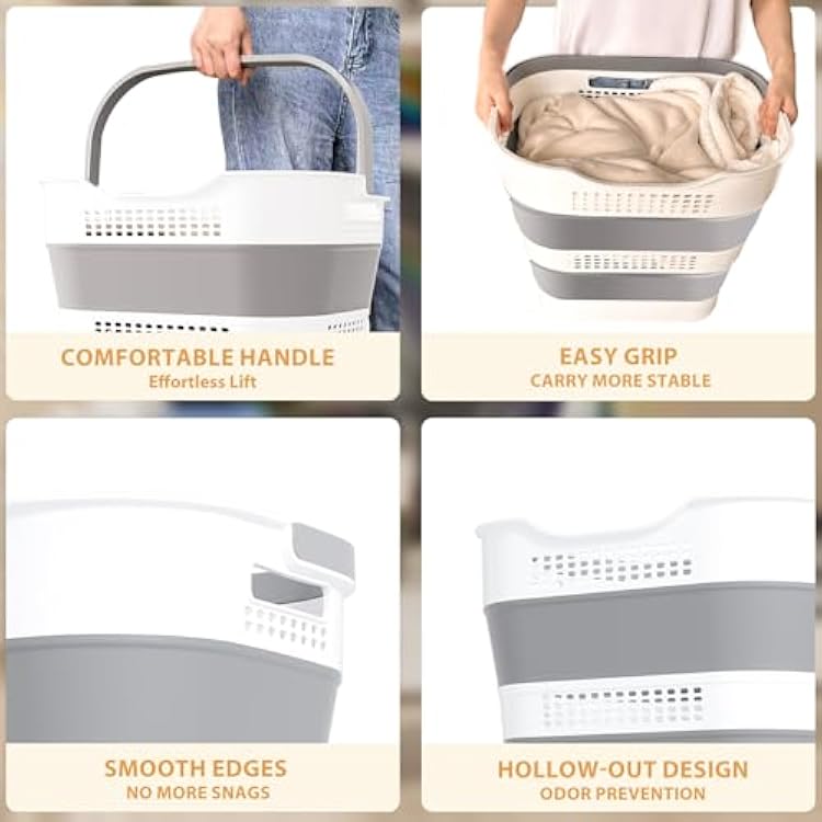 OOAMBB 43L(11.5Gallon) Collapsible Laundry Basket with Handles, Foldable Laundry Basket Plastc,Pop Up Tall Storage Container/Organizer/Clothes Hamper for Laundry (Grey,1 Pack)