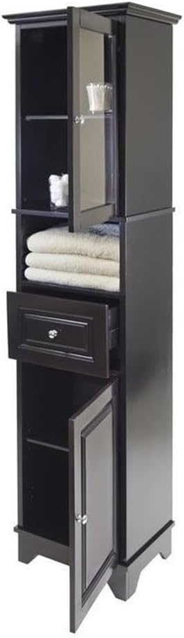 Pemberly Row Tall Linen Cabinet, Adjustable Shelves, Solid Wood and Composite Wood with Glass, Black Finish, 70.87 in Height, Modern Transitional Style Storage for Kitchen or Dining Room