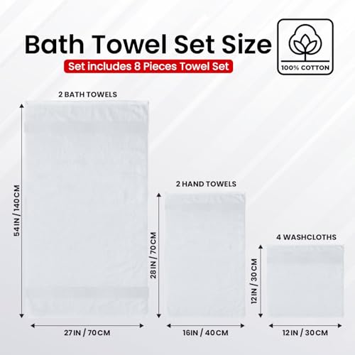 Toallas de baño grandes y absorbentes, juego de 8 piezas de algodón blanco 4