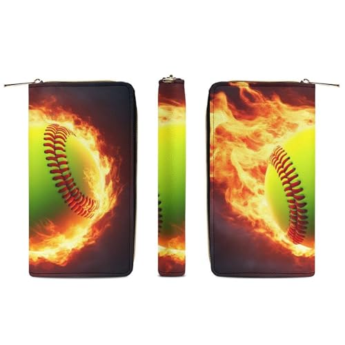 Fashion Decor Wallet, Long PU Zipper Wallet, Travel Purse Fashion Design, Huge Storage Capacity PurseFire Flame Softball Baseball Ball3