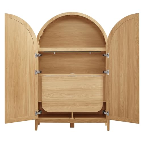 Modway Calista 63 Inch Arched Storage Cabinet with Folding Desk in Oak - Tall Faux Rattan Cabinet with Doors and Shelves for Hallways, Living Rooms or Home Office by Modway - Image 8