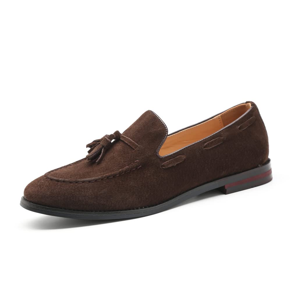 MANLADUO Mocasines de piel de ante para hombre, estilo británico, con borlas y diseño sin cordones