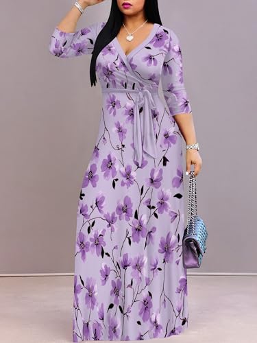 Image of PinkPatty Plus Size Maxi Dress for Women Casual V Neck 3 /4 Sleeve Boho Printed Long Dress with Pockets
