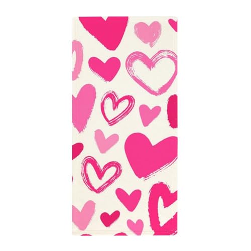 MoBlinko Pink Hearts Hand Towels for Bathroom 14 X 28 in Valentine' S Day Absorbent Face Towels Soft Hand Towel for Kitchen Bathroom Hotel Yoga