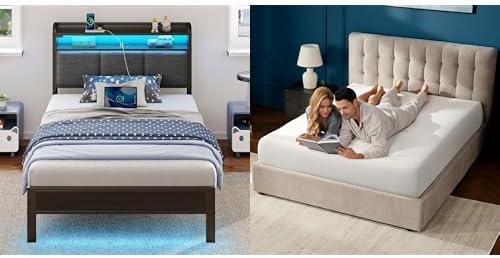 Rolanstar Twin Bed Frame with 10 Inch Gel Memory Foam Mattress, LED Metal Platform Bed with USB Charging & Storage Headboard, Dark Grey, CertiPUR-US Certified Mattress