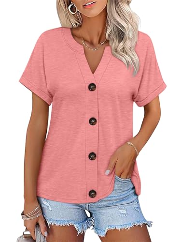 TICTICMISS Womens Button Down Shirts Short Sleeve Summer Tops Loose Fit V Neck T Shirts Casual Ladies Tunic Tees 2026 Coral