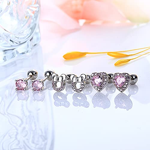 Milacolato 3Pairs 18G 925 Sterling Silver Screw Back Earrings For Women Girls Cartilage Tragus Helix Earrings Pink Cubic Zirconia Heart Mouse Stud Earrings Set #TOP4