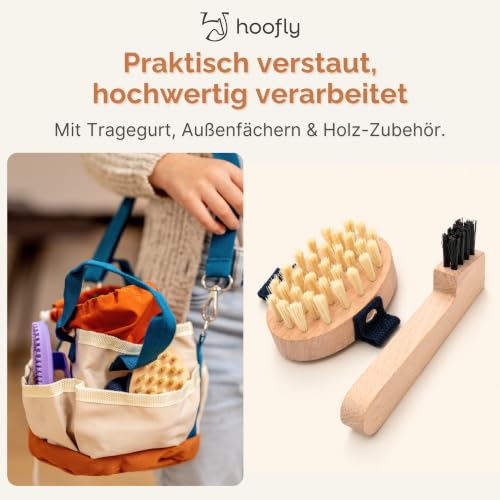 Hoofly Hobby Horse Zubehör – Pflegeset für Kinder mit Tasche, Bürste, Striegel & Hufkratzer [TÜV geprüft] - Pferdeputzzeug für Steckenpferd & Holzpferd - Geschenk