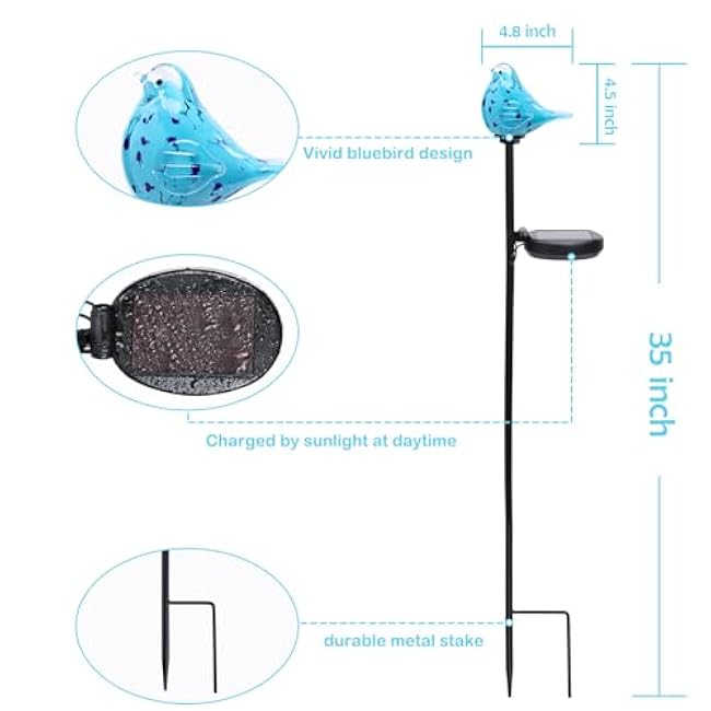 Afirst Decorative Solar Lights Outdoor Solar Bluebird Stake Lights Hand Blown Glass Decorative Garden Pathway Lights Outdoor Waterproof Glass Stakes