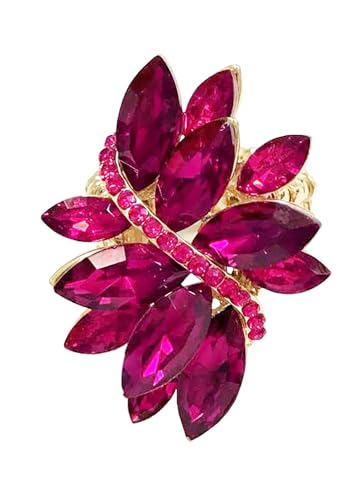 Rosemarie Collections Women's Dazzling Crystal Leaf Stretch Cocktail Ring (Fuchsia Pink/Gold Tone)