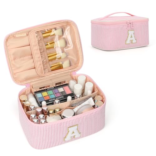 OCHEAL Makeup Bag for Women, Monogram Cosmetic Bag with Brush Hol...