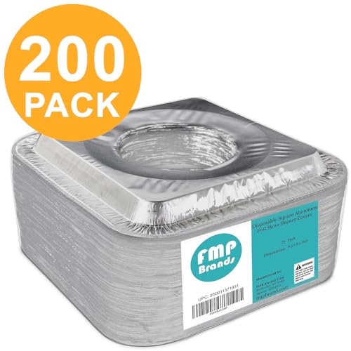 FMP Brands 200 Pack 9 Inch Square Stove Burner Covers for Gas & Electric Stove Top, Disposable Aluminum Foil Stove Burner Liners, Stove Top Cover for Electric & Gas Burners, Keep Range Stove Clean