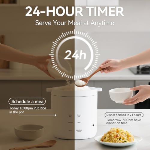 Mini Rice Cooker 2 Cup Uncooked, Small Electric Cooker, with 4 Cooking Functions, 24 Hour Preset and Heat Preservation, Anti Scald Carry Handle - Image 5
