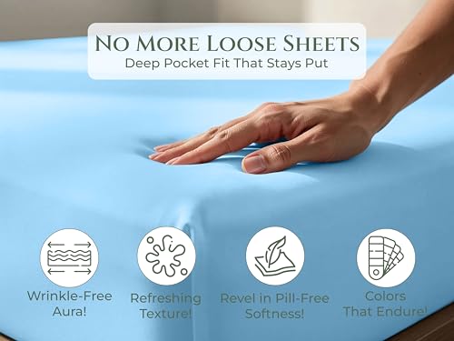 Image of Royale Linens 100% Organic Cotton King Fitted Sheet Only - Percale Weave - Super Soft Deep Pocket Bottom Sheets - Lake Blue Elastic Sheet - King Size Fitted Sheets Only - (78 inchx80 inch+15 inch, Lake Blue)
