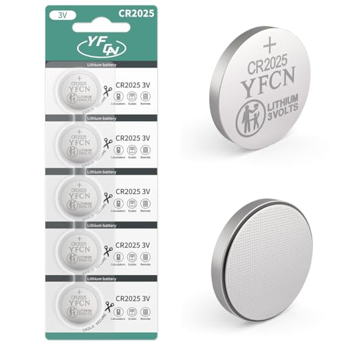 YFCN CR2025 Battery 3V Lithium Battery 5 Count Pack CR2025 Batteries for Key Fobs, Remote Control, lED Candles, Thermometers - CR 2025 Coin Cell Batteries - 5 Years Shelf Life