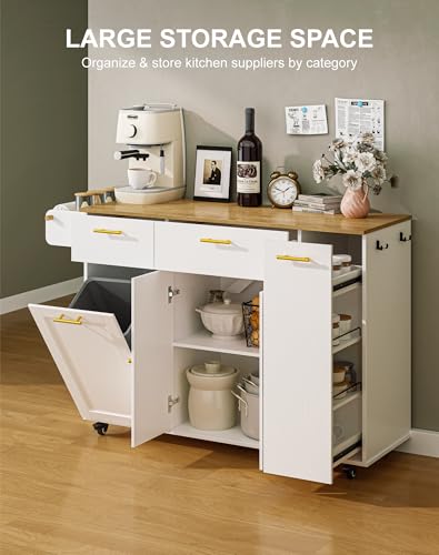 Linkriseed 55\" Kitchen Island with Storage, Island Table for Kitchen with Drawers, Flip-Top Trash Can and Pull-Out Cabinet, Side Tissue Holder and Hooks, Rolling Carts with 5 Wheels for Dining, White
