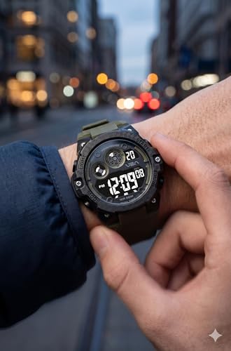 Image of V2A DIGITRON-VOLTRIX 2837 Digital Watch for Men | Bold Patterned Case Design | Dual Time Sports Watch with Countdown, Backlight & 50M Waterproof