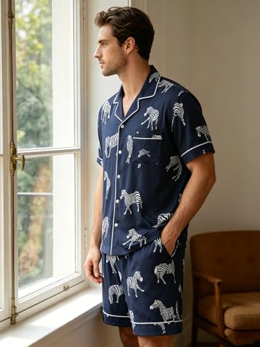 Image of Mens Pajamas Set Short Sleeve Sleepwear Summer Pjs Button Down Pijamas Set Modal 2PCS Pj Set with Pockets, Navy Zebra-XL