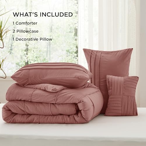 Image of Bedsure King Comforter Set - 4 Pieces Pinch Pleat Bed Set, Dusty Pink Boho Bedding for All Season, 1 Soft Comforter, 2 Pillowcases, 1 Decorative Pillow