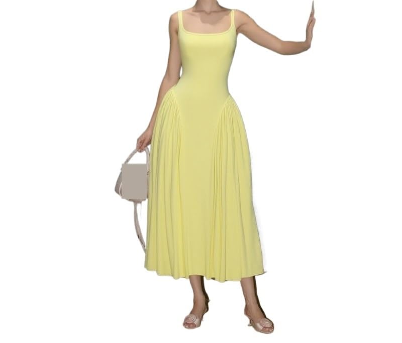 HENGEN 2025 Summer New Women's Clothing Elegant Temperament High Waist Slim Fit Solid Color Square Neck Suspender Dress