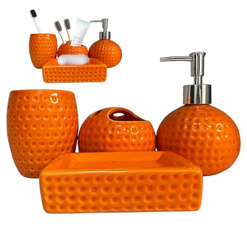 Set da bagno arancione da 4 pezzi, accessori da bagno in ceramica arancione include portaspazzolino, bicchiere, dispenser per lozioni, portasapone per l'arredamento della casa, dispenser di sapone, D