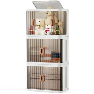 LEHOM Lidded Home Storage Bins – 17 Gal Stackable Closet Organizers with Lockable Doors, Plastic Collapsible Storage Container Box on Wheels for Clothing, Book, Bedding and Toy, 3 Pack