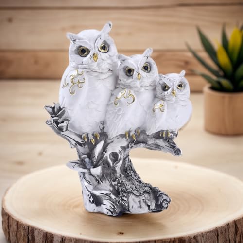 Figura Realista Tres Búhos en Rama Escultura Vintage Resina Blanco