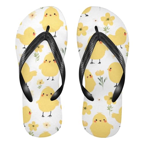 ALAZA Yellow Chick Chicken Flowers Flip Flops for Women Fashion Beach Slippers Comfort Mens Flip Flops Non-Slip Rubber Shower Slippers Sandal for Hotel Travel Sport,XS