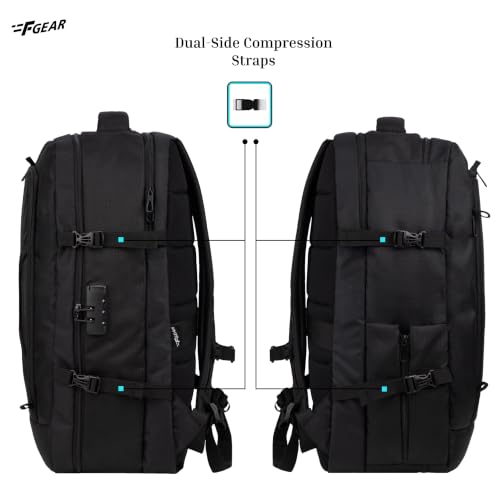 Image of F Gear Vetra Black 40L Cabin Size Laptop Backpack with 3-Digit Lock, Fits 17 Inch Laptop, Two Spacious Compartments|2 front pockets|Adjustable Chest Strap, Bottle Holder|Lightweight, Durable & Premium