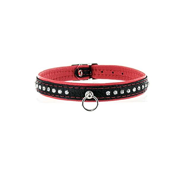 Halsband echtes Elch Leder mit kl. O-Ring, zweifarbig, 14 mm breit, 40 cm lang mit Strasssteine, schwarz