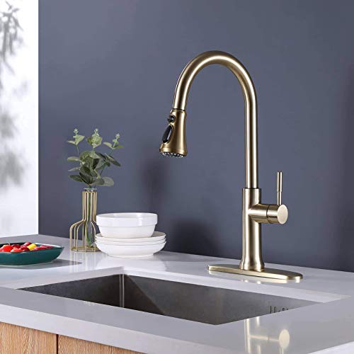 Touch Kitchen Faucet With Pull Down Sprayer Brushed Gold Kitchen Sink Faucets Single Handle Modern Stainless Steel Faucet For Kitchen Sink Faucet With Deck Plate Fit 1 Or 3 Hole Rbrohant #TOP7