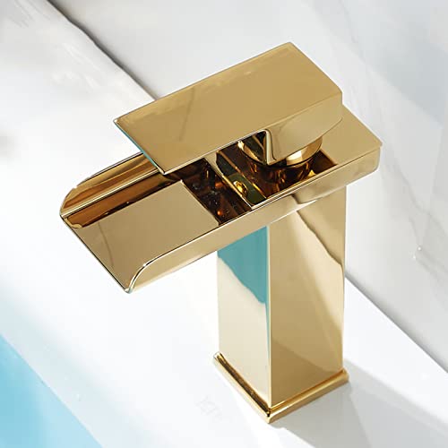 Évier de salle de bain moderne : robinet cascade doré MOCHAMIK pour vasque haute