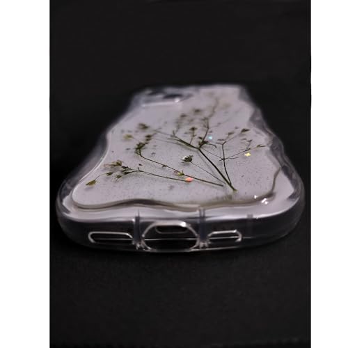 Image of KC Back Cover for Redmi 13C 5G - Curly Wave Flexible Floral Dried Pressed Epoxy Real Flowers Dry Fixed Glitter Soft Silicone Camera Protection Case (Transparent)