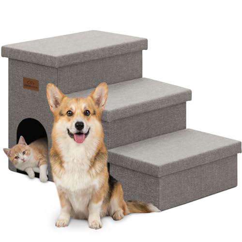 Image of Zerbuger Dog Stairs 18 inch H, 3-Step Wider Dog Steps for High Beds Couch, Folding Storage Pet Stairs Gift for Small /Medium /Large Old Dogs Cats, Ramp for Climbing Car Up to 200 lbs, (Gray, with Condo)