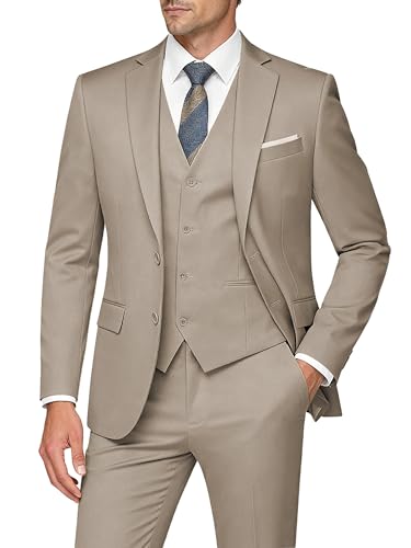 WULFUL Mens Slim Fit 3 Piece Suits Two Button Blazer Vest & Pants Tuxedo Set for Business Wedding Party Champagne