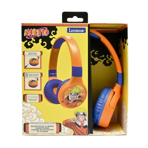 Image of LEXiBOOK, Naruto Bluetooth Headphones, HPBT010NA | 2-in-1 Bluetooth & Wired, Microphone, Rechargeable battery, Orange /Blue
