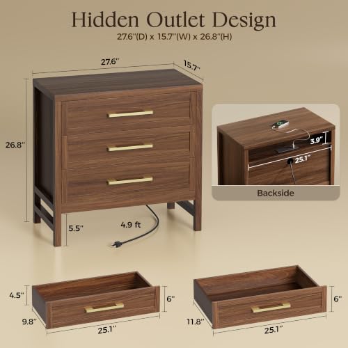 SUPERJARE 26.8'' Tall Night Stand with Charging Station, Set of 2 | 27.6''W Nightstand with USB-C Port, Bedside Table with 3 Drawers, Modern End Table for Bedroom, Living Room, Walnut - image 2