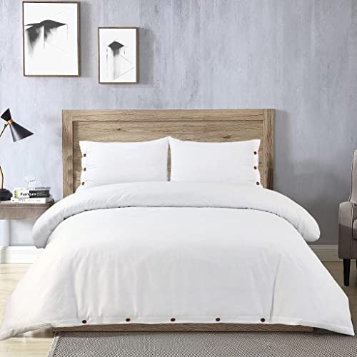 DHESTIA HOME - Funda Nórdica Blanco Óptico con Botones Madera Natural Blanc - Color Blanco, Talla 280x240 cm