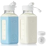 Syntic 2 Pack 16 Oz Glass Breastmilk Storage Bottle with Airtight Lids & 2 Pour Spouts, Milk Storage Containers for Fridge with Clear Scales - Day/Night Milk Collection Bottles with Protective Case