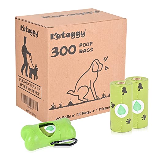 Katoggy Bolsas de caca para perros, 20 rollos, 300 unidades, 9 x 13 biodegradables y compostables con soporte/dispensador, extra gruesas, a prueba de fugas, bolsas perfumadas para perros y gatos