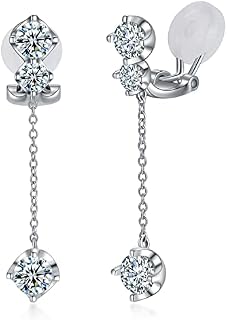 PHNIBIRD Clip On Earrings 925 Sterling Silver Drop Earrings Long with Cubic Zirconia Wedding Earrings for Women Girls Bride
