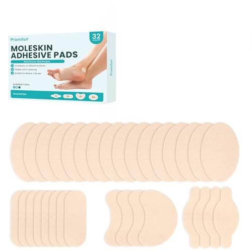 Moleskin Blister Tape Pads for Feet - Promifun 32ct of 4 Shapes Blisters Bandages for Foot, Toe, Heel,Finger - Mole Skin Patch Stickers for Shoe, Callus, Bunion Prevention & Recovery - Beige