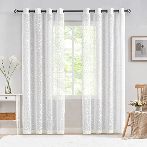 Treatmentex Weiß Halbtransparente Spitze Vorhang Moderne Stickerei Gardinen mit Ösen Häkeln Stricken Vorhang mit Blattmuster für Wohnzimmer Bauernhaus Schlafzimmer 2 Stücke,B140×H225cm Cover