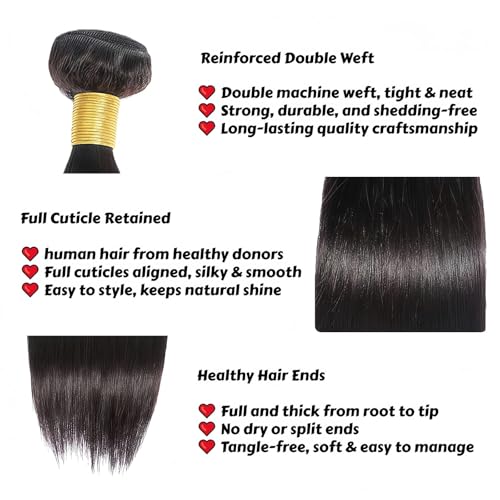 LUMWAV Straight Human Hair Bundles 1B Natural Black 14 16 18 Inch 12A Grade Virgin Brazilian Hair Extensions Soft and Thick Weave for Black Women — view 2