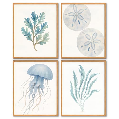 FGFK Blue Coastal Beach Ocean Life Wall Art Prints Set of 4, Watercolor Nautical Seaweed Sand Dollar Jellyfish Marine Life Posters Pictures Wall Decor for Home Bedroom Bathroom, 8x10 Unframed